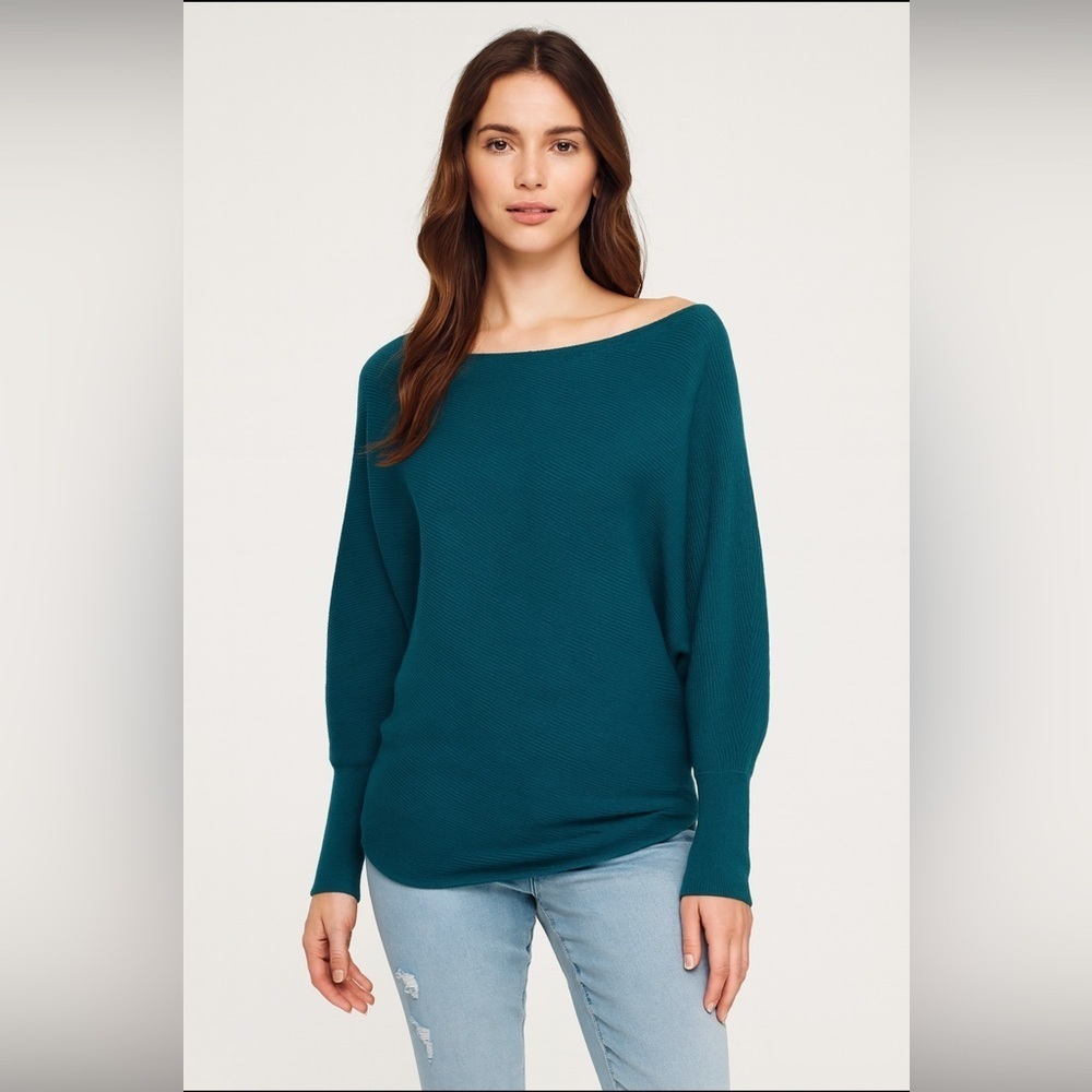 NWT Teal Ribbed Off Shoulder Dolman Sleeves Long Sleeve Sweater Lg Gift Ready